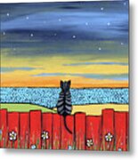 Tabby Cat Red Fence Sunset Ocean Metal Print