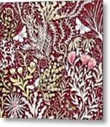 Tapestry Design, With White Butterflies, In A Deep Rich Red Metal Print