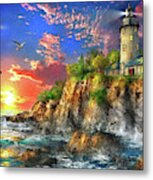 The Ocean Sunset Lighthouse Metal Print