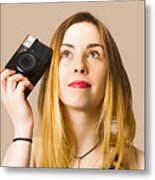 Thinking Photographer Girl Metal Print