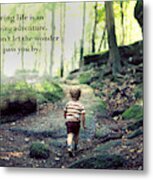 Three Year Old Small Boy Child Hiking Alone On An Uphill Trail Boulder Strewn Forest Greeting Card Metal Print