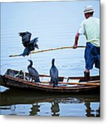 Traditional Chinese Fisherman On River Metal Print