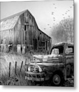 Truck In The Fog In Black And White Metal Print