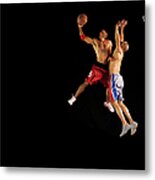 Two Male Basketball Players Jumping Mid Metal Print