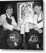 Two Men Give Cheers With Beer, Barrels Metal Print