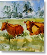 Two Red Poll Cows Lying Down Watercolour Painting Metal Print