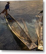 Two Traditional Intha Fishermen Metal Print