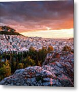 View Of Lycabettus Hill And Acropolis From Strefi Hill In Athens. Metal Print