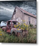 Vintage Ford Truck With Yellow Flowers Abandoned On The Prairie Metal Print