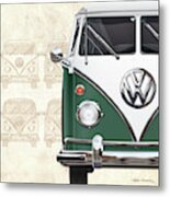 Volkswagen Type 2 - Green And White Volkswagen T1 Samba Bus Over Vintage Sketch Metal Print