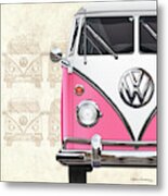 Volkswagen Type 2 - Pink And White Volkswagen T1 Samba Bus Over Vintage Sketch Metal Print