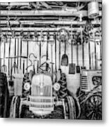 Waiting In The Garage Tools And Tractors In Black And White Metal Print