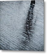 Walking Shadow Of An Unrecognised Person Walking On Wet Streets Metal Print