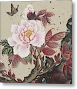 Pink Peony And Butterfly Metal Print