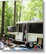 Wide View Of Pop Up Camper At Campsite On Family Camping Trip Metal Print