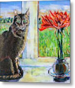 Windowsill Cat With Red Amaryllis Metal Print
