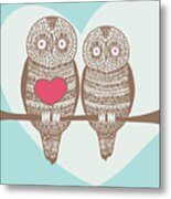 Wise Owl Couple On Tree Branch Metal Print
