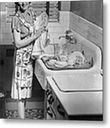 Woman At Sink Washing Dishes Metal Print
