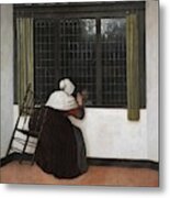 Woman At The Window Making A Sign To A Little Girl. Second Half Of 17th Century. Oil On Panel. 45... Metal Print