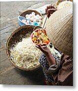 Woman Eating Noodles With Baskets Of Metal Print