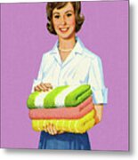 Woman Holding Folded Towels Metal Print