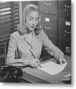 Woman Sitting At Desk, Writing Letter Metal Print