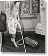 Woman Vacuuming Carpet Metal Print