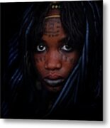 Woman With Blue Head Scarf And Facial Metal Print