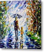 Woman With Child In The Rain Metal Print