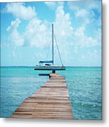 Yacht Anchored At Wooden Pier Metal Print