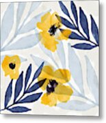 Yellow And Navy 2- Floral Art By Linda Woods Metal Print