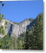 Yosemite National Park Waterfall And Mountain Range With Trees In The Foreground Metal Print