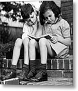Young Boy & Girl Reading A Book Outdoors Metal Print