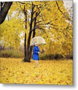 Young Boy Under Tree Looking Up Through Clear Umbrella At Fall Foilage Metal Print