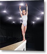 Young Female Gymnast Performing On Metal Print