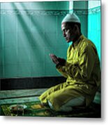 Young Muslim Man Praying, With Folded Metal Print