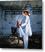 Young Woman Astride Bicycle, Portrait Metal Print