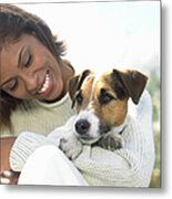 Young Woman Holding Jack Russell Metal Print