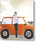 Young Woman Standing In Front Of Car Metal Print