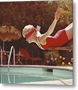 Young Woman With Blindfold Balancing On Metal Print