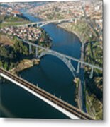 Aerial Of Bridges And Douro River In Porto #1 Metal Print
