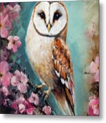 Barn Owl In The Pink Blossoms Metal Print