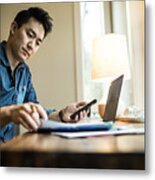 Man (early 30s) Working In Home Office #1 Metal Print
