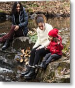 Mixed-race Sisters Relaxing On River Side In Autumn Nature. #1 Metal Print
