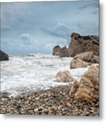 Seascapes With Windy Waves. Rock Of Aphrodite Paphos Cyprus Metal Print