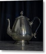 Silver And Brass Teapots Black Background Marble Table Metal Print