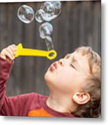 Three Years Old Child Boy Blowing Bubbles #1 Metal Print