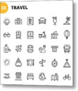 Travel Line Icons. Editable Stroke. Pixel Perfect. For Mobile and Web. Contains such icons as Camera, Cocktail, Passport, Sunset, Plane, Hotel, Cruise Ship, ATM, Palm Tree, Backpack, Restaurant. Metal Print