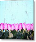 Vintage Aqua Blue Wood Background With Pink Rose Buds. #1 Metal Print