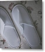 White Towelling Hotel Disposable Slippers Over Old And Rust Bed-sheet #1 Metal Print